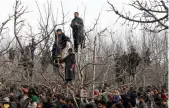  ?? — AFP ?? Kashmiri villagers look on during the funeral procession of militant Tanveer Ahmed at Batmurran Kellar village in Shopian