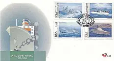  ?? BRIAN INGPEN COLLECTION ?? FOUR special stamps were issued to mark Safmarine’s 50th Anniversar­y in 1996. Each stamp depicted a different vessel in the fleet – all painted by renowned local marine artist Peter Bilas. |