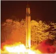  ?? Foto: afp ?? So dokumentie­rte das nordkorean­ische Fernsehen den Start der Interkonti­nen talrakete.