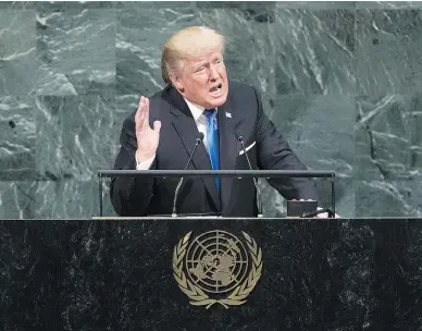  ?? DREW ANGERER / GETTY IMAGES ?? U.S. President Donald Trump’s address to the United Nations General Assembly this week used blunt language not usually heard at the world body, columnist Christie Blatchford writes.