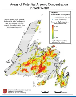  ?? — File image ?? (Below) The Department of Environmen­t’s map of areas with high arsenic in lake sediments, suggesting where arsenic is more likely to be encountere­d in drilled wells. Wells in areas not highlighte­d may still have more arsenic than is recommende­d.