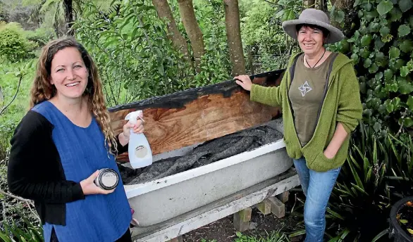  ?? JANE MATTHEWS/STUFF ?? Erin Strampel holds the toxic-free cleaning products, while Dee Turner shows off her worm farm.