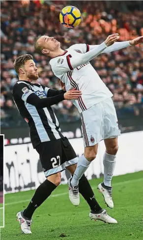  ?? — AP / AFP ?? Aiming high: AC Milan’s Luca Antonelli (right) vying for the ball with Udinese’s Silvan Widmer in the Serie A match on Feb 4. Inset: Henrikh Mkhitaryan (right) is expected to make his Europa League debut with Arsenal today.