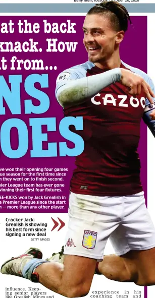  ?? GETTY IMAGES ?? Cracker Jack: Grealish is showing his best form since signing a new deal