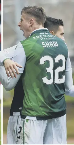  ??  ?? 0 Left, Hibs striker Oli Shaw nods home Martin Boyle’s cross to score a deserved equaliser and, right, celebrates with fellow front man Jamie Maclaren. Below, Tony Watt’s deflected first-half shot gave St Johnstone the lead against the run of play on a soggy afternoon at Mcdiarmid Park