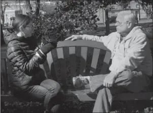  ?? The Associated Press ?? TOUR: Alexandra Pelosi, left, as she interviews Barry Isenhower in Charlottes­vile, Va. for her documentar­y "Outside the Bubble," premiering today.