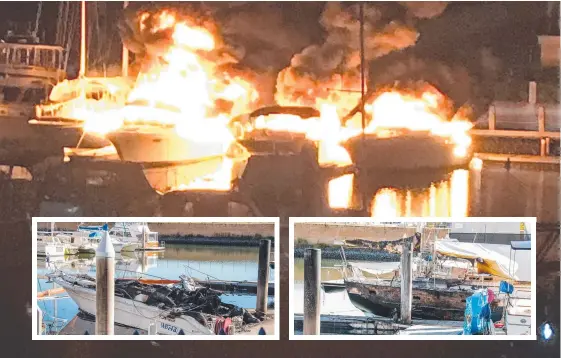  ??  ?? Boats on fire at Hope Harbour Marina at Hope Island after a suspected arson attack and (inset) the devastatio­n is revealed yesterday.
Pictures: ANNA WOOD, JERAD WILLIAMS