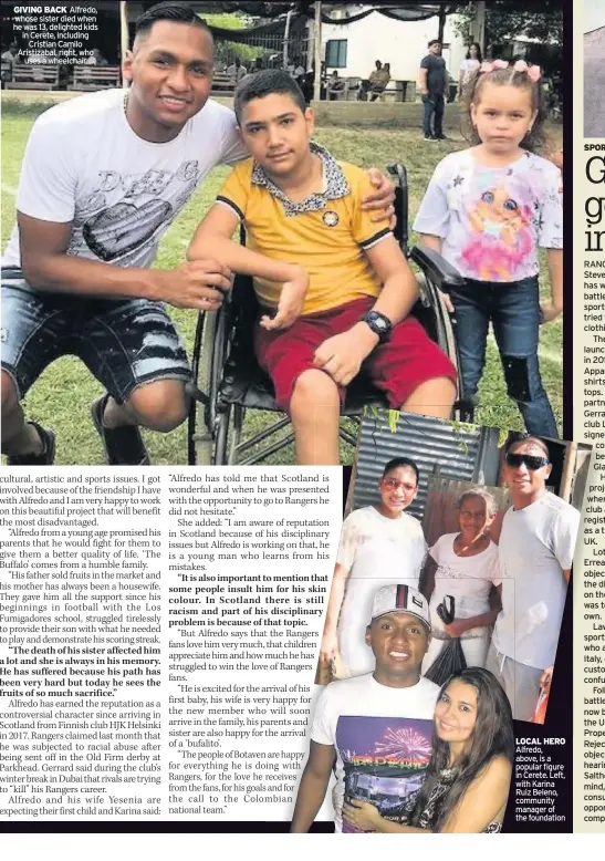  ??  ?? GIVING BACK Alfredo, whose sister died when he was 13, delighted kids in Cerete, including Cristian Camilo Aristizaba­l, right, who uses a wheelchair
LOCAL HERO Alfredo, above, is a popular figure in Cerete. Left, with Karina Ruiz Beleno, community manager of the foundation