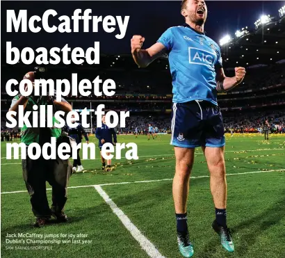  ?? SAM BARNES/SPORTSFILE ?? Jack McCaffrey jumps for joy after Dublin’s Championsh­ip win last year