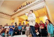  ?? [PHOTO BY NATE BILLINGS, THE OKLAHOMAN] ?? Jayke Flaggert, a Choctaw High School junior, speaks at a rally led by students on the second floor of the state Capitol during the eighth day of a walkout by Oklahoma teachers in April.