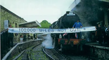  ??  ?? Celebratio­ns at Pickering on June 2, 1998, after Dame Vera Lynn became the first steam locomotive to clock up 100,000 miles in preservati­on. JOHN HUNT