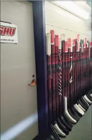  ?? Sacred Heart University Hockey / Contribute­d photo ?? Sticks line the hall at Sacred Heart University in memory of Teddy Balkind.