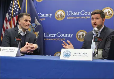  ?? PROVIDED ?? Dutchess County Executive Marc Molinaro, left, and Ulster County Executive Pat Ryan hold a town hall-style event on Friday, March 20, 2020, that was shown live on Facebook.