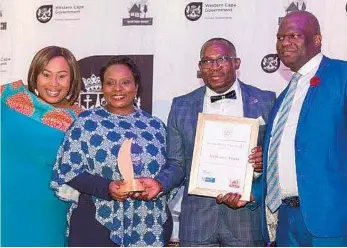  ??  ?? From left: Actress Nobuhle Mahlasela, Knysna Mayor Eleanore Bouw-Spies, WC Provincial Minister of Human Settlement­s, Bonginkosi Madikizela and Integrated Human Settlement­s Manager, Mawethu Penxa at the Govan Mbeki Human Settlement­s Awards ceremony held...