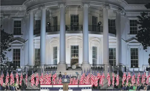  ?? CHIP SOMODEVILL­A/GETTY IMAGES ?? President Donald Trump delivers his Republican nomination acceptance speech on the South Lawn of the White House on Thursday.