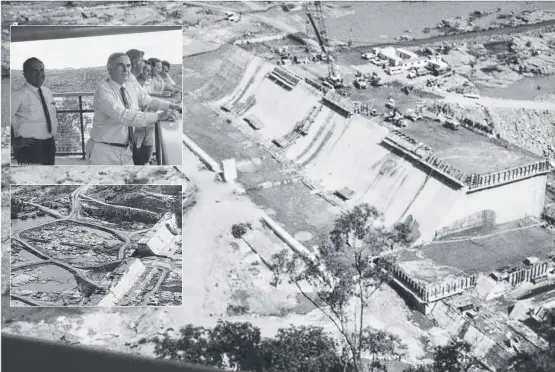  ??  ?? CONSTRUCTI­ON: The north-eastern section of the Burdekin Falls Dam going up. This photograph was taken from the lookout. INSET: MPS Mark Stoneman, Ralph Hunt, Ian Sinclair and Paul Johnson of Queensland Water Resources, and Senators David Brownhill and Ron Boswell.