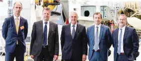  ??  ?? Shown (from left) at the inaugurati­on are: Klaus Richter, Head of Airbus Commercial in Germany; Klaus Röwe, Head of A320Family Programme; Frank Horch, Senator of Economy Hamburg; Guillaume Faury, President Airbus Commercial Aircraft; Olaf Lawrenz, Head...