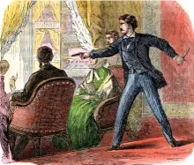  ??  ?? MOTIVOS DE UN DISPARO. A la izquierda, ilustració­n del siglo XIX del momento en que el actor John Wilkes Booth dispara a Lincoln. Arriba, un grabado muestra la rendición del general sudista Robert E. Lee ante Ulysses S. Grant, que puso fin a la Guerra de Secesión y llevó a Booth a atentar contra el presidente.