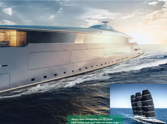  ??  ?? Above: Aqua concept has two 28-tonne super-cooled hydrogen tanks for ocean range Right: Black Pearl already runs a hybrid hydrogen-electric system