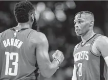  ?? Jon Shapley / Staff photograph­er ?? The Rockets’ Russell Westbrook, right, and James Harden are widely known for their offensive feats, but they think others may be taking these achievemen­ts for granted.