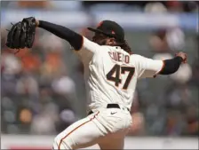  ?? AP PHOTO/ERIC RISBERG ?? San Francisco Giants starting pitcher Johnny Cueto works in the first inning of a baseball game against the Colorado Rockies, Friday in San Francisco.