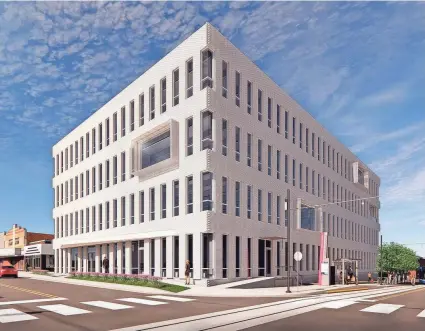  ?? RENDERING PROVIDED BY RAND ELLIOTT ARCHITECTS ?? Constructi­on will start this summer on a four-story office building as the Pivot Project resumes developmen­t of the 1200 block of N. Hudson Avenue.