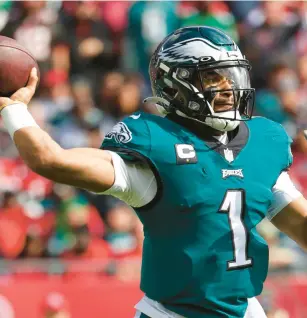  ?? DON MONTAGUE/AP ?? One of the biggest factors to the Eagles’ success is the continued developmen­t of quarterbac­k Jalen Hurts. Hurts was a Pro Bowl alternate last season.