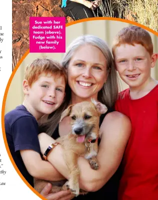  ?? ?? Sue with her dedicated SAFE team (above). Fudge with his new family (below).