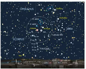  ??  ?? Comet 71P/Clark is close to Antares in early June; the bright star should help you find it