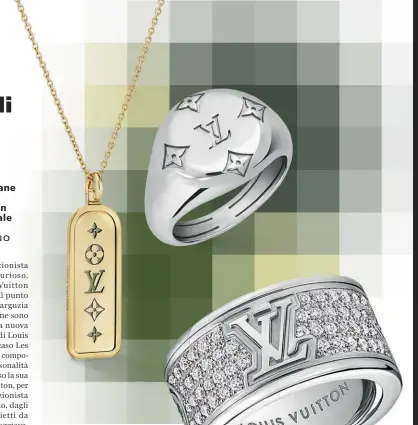  ?? ?? In alto: due anelli e una collana parte della collezione Les Gastons Vuitton, ispirata alla figura di Gaston-louis Vuitton