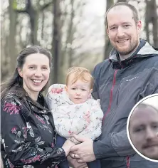  ?? Picture: SWNS ?? Andrew Bilsborrow with wife Charlotte and daughter Imogen in Hutcliffe Wood where his wedding ring, inset, was lost... and found