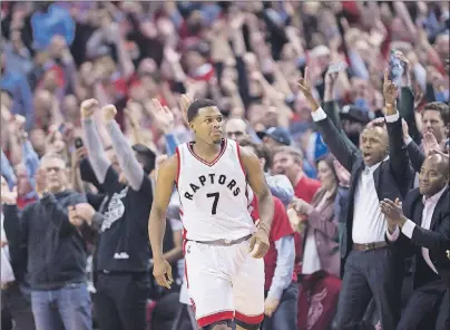  ?? CP PHOTO ?? The crowd reacts after Toronto Raptors guard Kyle Lowry (7) sunk a basket in the last seconds of second half NBA playoff basketball action against the Milwaukee Bucks, in Toronto on Tuesday. This week it wasn’t hard to find Raptors tickets available in...