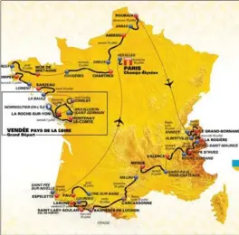  ?? THE ASSOCIATED PRESS ?? This photo provided Tuesday by the Tour de France cycling race organizer Amaury Sport Organisati­on (ASO) shows the road map of the 2018 edition.