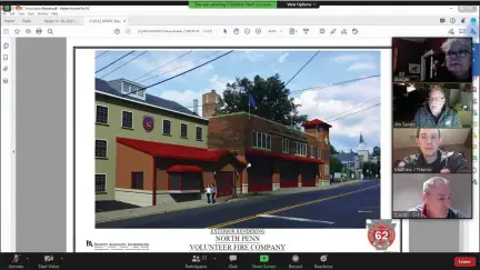  ?? SCREENSHOT OF ONLINE MEETING ?? North Penn Volunteer Fire Company officails show borough council members a rendering of proposed upgrades to the company’s station at 137and 141S. Main Street, during the Jan. 26council meeting. Inset from top to bottom are council members Wendy McClure and Jim Sando, fire Chief Matt Traynor and fire company President Frank Baxter.