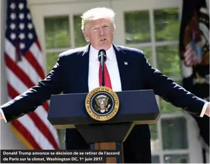  ??  ?? Donald Trump annonce sa décision de se retirer de l'accord de Paris sur le climat, Washington DC, 1er juin 2017.