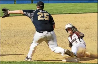  ?? DIGITAL FIRST MEDIA FILE ?? Radnor’s Will Hoysgaard, here sliding into third base against District 12’s Bishop McDevitt in the 2106 PIAA Class AAA state tourney, didn’t have his best stuff Monday but still went five full innings against Ridley. He also scored the winning run in...