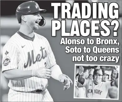  ?? Jason Szenes; Getty Images ?? SWITCHEROO: Sluggers Pete Alonso of the Mets and Juan Soto of the Yankees make more sense staying put than crossing over to each other’s club as free agents, but there’s logic to them swapping places as free agents.