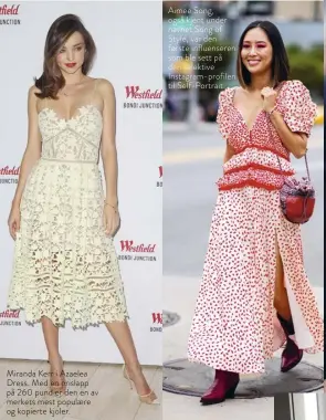  ??  ?? Miranda Kerr i Azaelea Dress. Med en prislapp på 260 pund er den en av merkets mest populaere og kopierte kjoler. Aimee Song, også kjent under navnet Song of Style, var den første influenser­en som ble sett på den selektive Instagram-profilen til Self-Portrait.