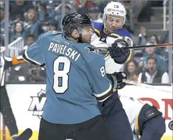  ?? Associated Press ?? Team captain Joe Pavelski could miss Game 6 of the Western Conference final Tuesday in St. Louis because of an injury. The San Jose Sharks trail the Blues, 3-2.