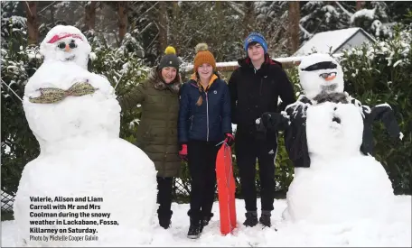  ?? Photo by Michelle Cooper Galvin ?? Valerie, Alison and Liam Carroll with Mr and Mrs Coolman during the snowy weather in Lackabane, Fossa, Killarney on Saturday.
