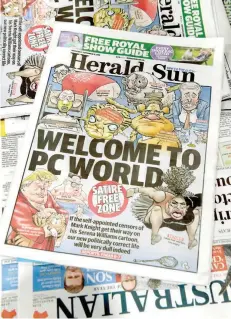  ?? — AFP ?? This photo illustrati­on shows the front page of the Herald Sun newspaper, featuring a cartoon of Serena Williams (lower R), on sale at a newsstand in Melbourne.