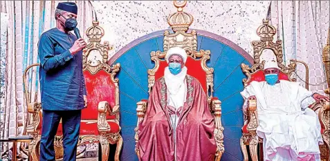  ??  ?? Vice President Yemi Osinbajo ( left), Sultan of Sokoto, His Eminence, Muhammadu Sa’adu Abubakar III and another guest when the vice president paid a courtesy visit to the Sultan in Sokoto… yesterday