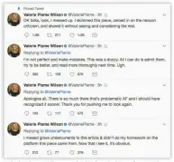  ?? COURTESY TWITTER ?? Valerie Plame Wilson apologized on Twitter after receiving backlash over an article she shared.