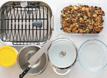  ?? [PHOTO BY SARAH CROWDER, PROVIDED BY KATIE WORKMAN/AP] ?? Tools necessary for the Thanksgivi­ng kitchen include a roasting pan with rack, baster, instant thermomete­r, glass baking dish, glass pie plate, casserole pot, mixing bowl, chef’s knife and storage containers.