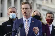  ?? JACQUELYN MARTIN — THE ASSOCIATED PRESS ?? Rep. Dusty Johnson, R-S.D., speaks during a news conference with the Problem Solvers Caucus about the expected passage of the emergency COVID-19 relief bill, Monday, on Capitol Hill in Washington.