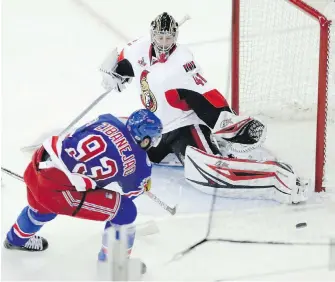  ?? FRANK FRANKLIN, THE ASSOCIATED PRESS ?? Senators goalie Craig Anderson stops a shot by Rangers winger Mika Zibanejad during the third period of Game 3 in New York on Tuesday.