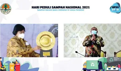  ?? PEMKOT SURABAYA FOR JAWA POS ?? MEMBUAHKAN HASIL: Menteri LHK Siti Nurbaya Bakar memberikan penghargaa­n secara virtual kepada Plh Wali Kota Surabaya Hendro Gunawan.