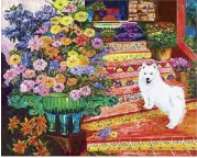  ??  ?? “Bey Bey”: Before mounting the exquisitel­y tiled steps, a white Samoyed pauses and looks quizzicall­y, awaiting her master.