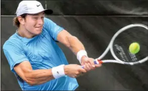  ?? Arkansas Democrat-Gazette/BENJAMIN KRAIN ?? Canadian Brayden Schnur returns a shot in a straight-set victory over Philip Bester in the final of the Bolo Bash tennis tournament at Rebsamen Tennis Center on Sunday.