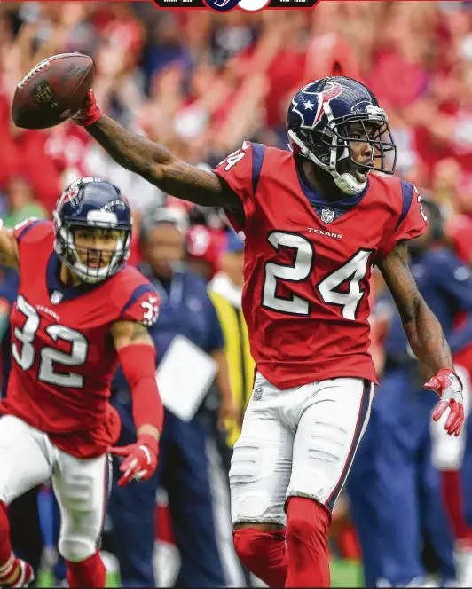  ?? Godofredo A. Vasquez / Staff photograph­er ?? Texans cornerback Johnathan Joseph returned an intercepti­on for the game-winning touchdown in the waning moments of the team’s 20-13 win over Buffalo.